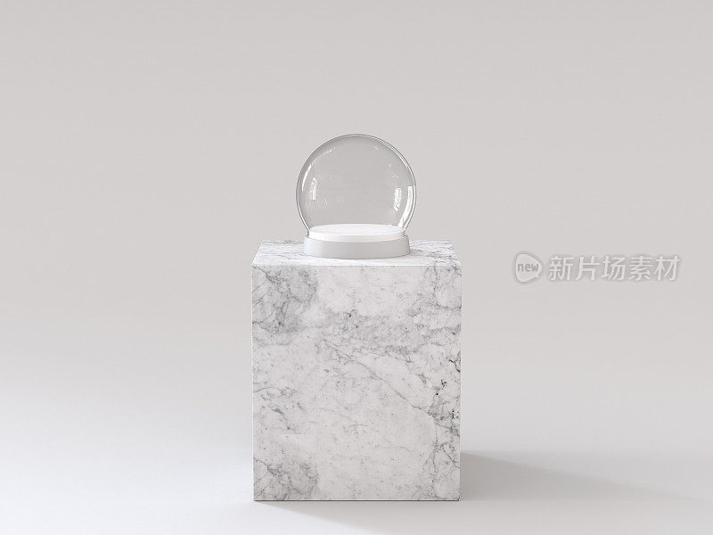 在白色大理石讲台上，用白色托盘清空玻璃雪球。3 d渲染。